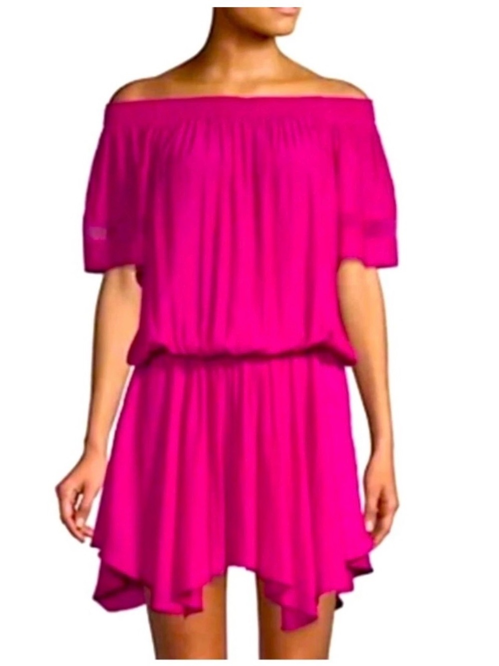 Ramy Brook Jessica Solid Off-The-Shoulder Dress Hot Pink Fuchsia Party Medium